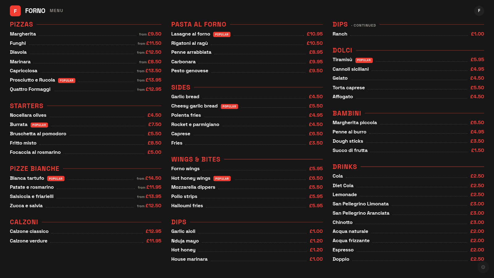 A TV menu board showing categories and prices