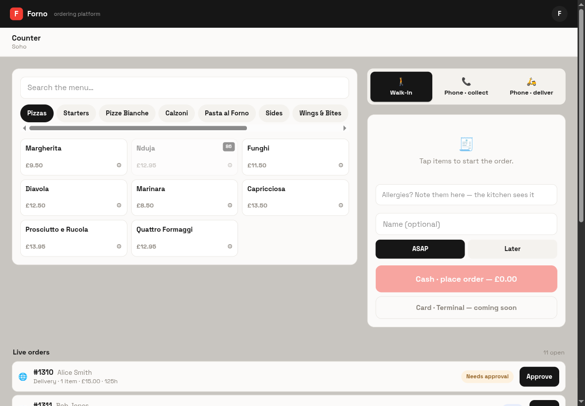 The counter order pad with a phone order in progress