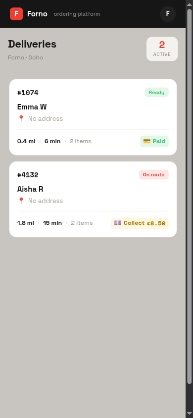 The driver app showing a delivery run