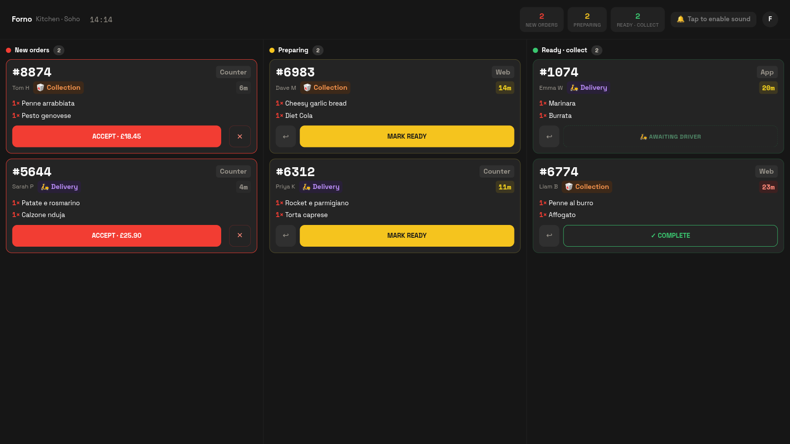 A kitchen display screen showing live order tickets